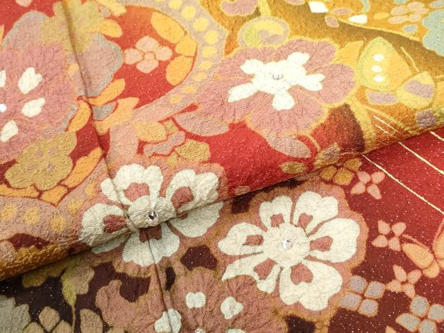 平和屋着物●豪華振袖　花蝶文　ラインストーン　暈し染め　金通し地　正絹　逸品　CABK7769yc