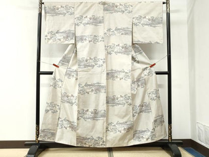 平和屋着物●本場大島紬　白大島　9マルキ　総絣　霞人物風景文　正絹　逸品　CABK7798yc