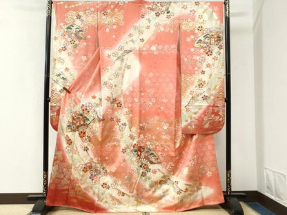 平和屋着物●豪華振袖　駒刺繍　扇面御所車舞花文　暈し染め　金彩　正絹　逸品　CABK7821yc