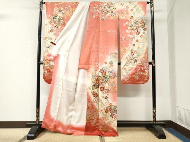 平和屋着物●豪華振袖　駒刺繍　扇面御所車舞花文　暈し染め　金彩　正絹　逸品　CABK7821yc