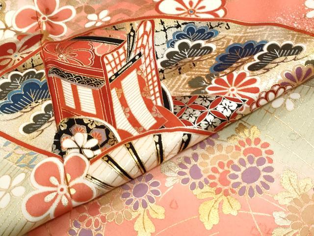 平和屋着物●豪華振袖　駒刺繍　扇面御所車舞花文　暈し染め　金彩　正絹　逸品　CABK7821yc