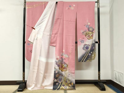 平和屋着物●豪華振袖　駒刺繍　霞花蝶文　暈し染め　金彩　京都きもの友禅扱い　正絹　逸品　CABK7824yc