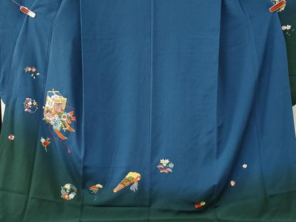 平和屋着物●豪華振袖　総刺繍　駒刺繍　御所車檜扇草花文　暈し染め　さが美扱い　正絹　逸品　CABK7883yc