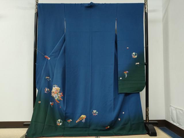 平和屋着物●豪華振袖　総刺繍　駒刺繍　御所車檜扇草花文　暈し染め　さが美扱い　正絹　逸品　CABK7883yc