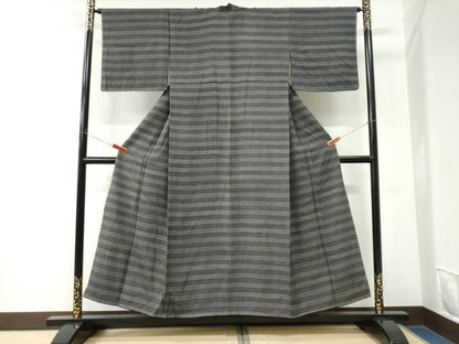 平和屋着物●江戸小紋　作家物　横段花文　黒地　正絹　逸品　未使用　CABK7898yc