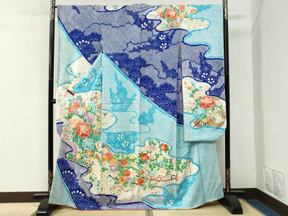 平和屋着物●豪華振袖　総絞り　駒刺繍　牡丹花文　金彩　正絹　逸品　CABK7936yc