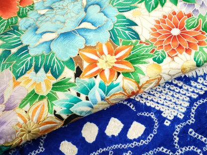 平和屋着物●豪華振袖　総絞り　駒刺繍　牡丹花文　金彩　正絹　逸品　CABK7936yc