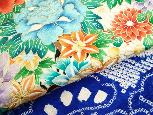 平和屋着物●豪華振袖　総絞り　駒刺繍　牡丹花文　金彩　正絹　逸品　CABK7936yc
