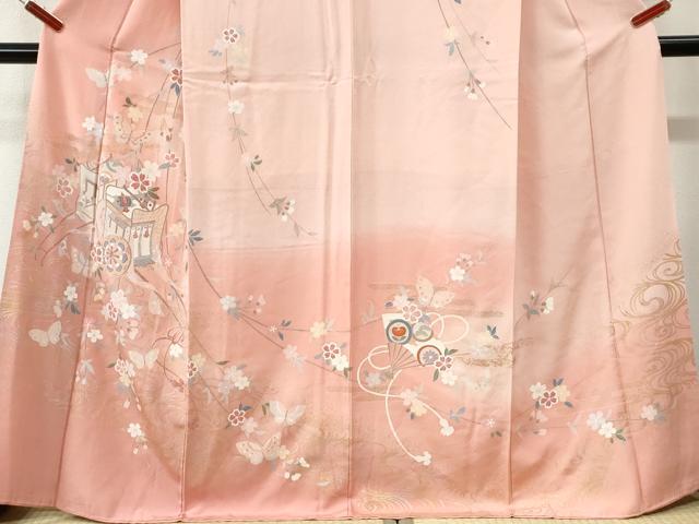 平和屋着物●訪問着　流水御所車扇面花蝶文　暈し染め　金彩　正絹　逸品　CABK7940yc