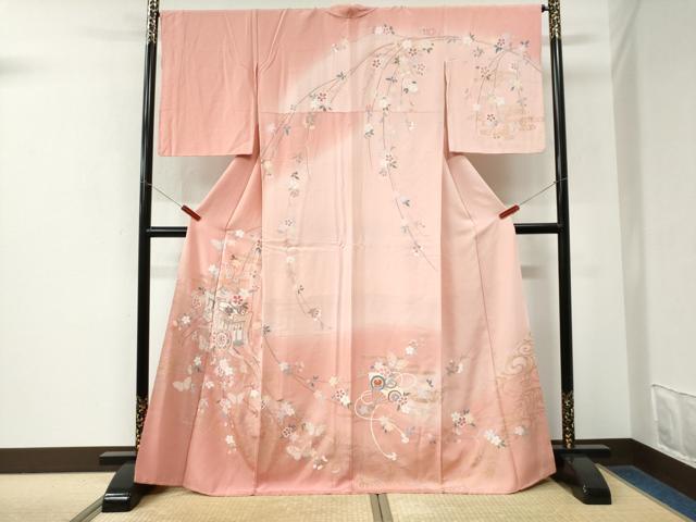 平和屋着物●訪問着　流水御所車扇面花蝶文　暈し染め　金彩　正絹　逸品　CABK7940yc