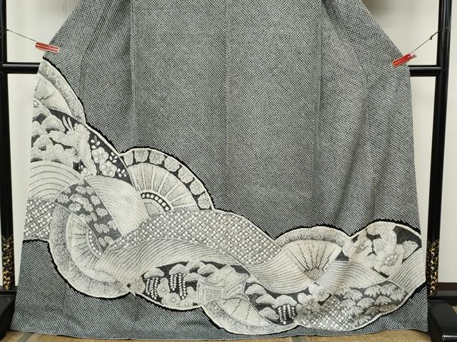 平和屋着物●名門　藤娘きぬたや・総絞り　訪問着　片輪車飛鶴花文　黒地　正絹　逸品　CABK8018ut