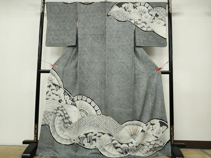 平和屋着物●名門　藤娘きぬたや・総絞り　訪問着　片輪車飛鶴花文　黒地　正絹　逸品　CABK8018ut