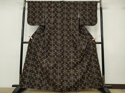 平和屋着物●本場米琉　置賜紬　麻の葉絣文様　正絹　逸品　CABK8019ut