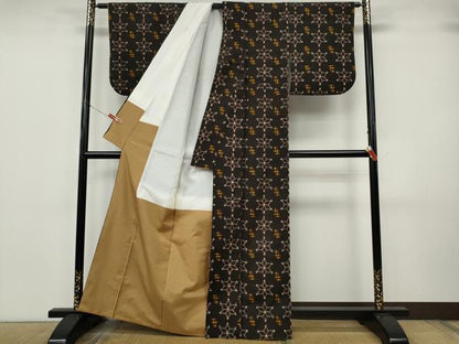 平和屋着物●本場米琉　置賜紬　麻の葉絣文様　正絹　逸品　CABK8019ut