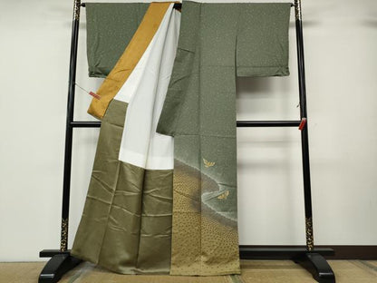 平和屋着物●色留訪問着　絞り　刺繍　エ霞飛鳥文　暈し染め　銀通し地　反端付き　正絹　逸品　CABK8029ut