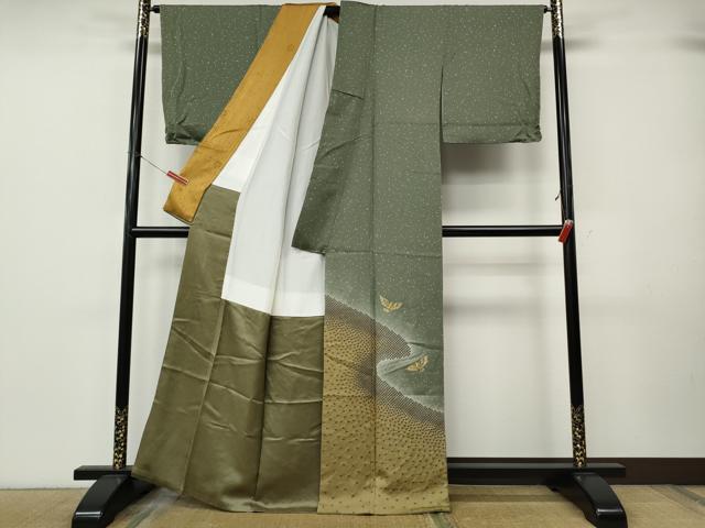 平和屋着物●色留訪問着　絞り　刺繍　エ霞飛鳥文　暈し染め　銀通し地　反端付き　正絹　逸品　CABK8029ut