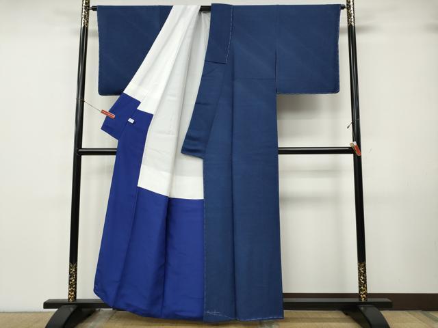 平和屋着物●上質なお召　藍　斜線吉祥文　正絹　逸品　CABK8030ut