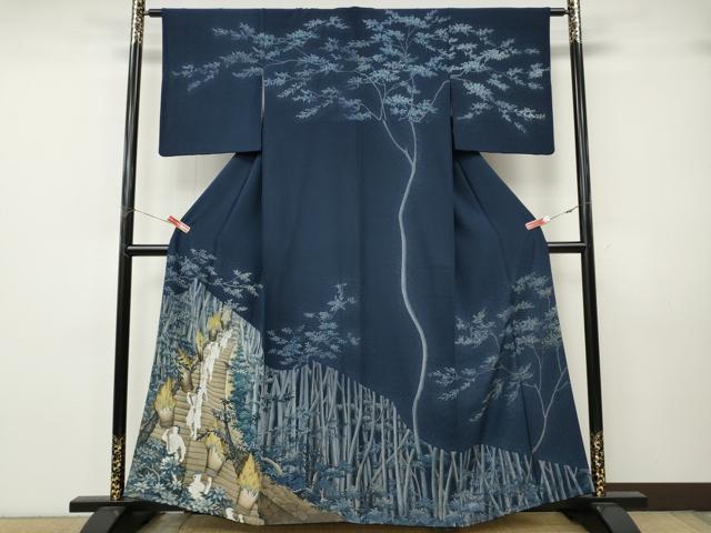 平和屋着物●訪問着　作家物　手描き　松明　人物樹林文　正絹　逸品　CABK8066ut
