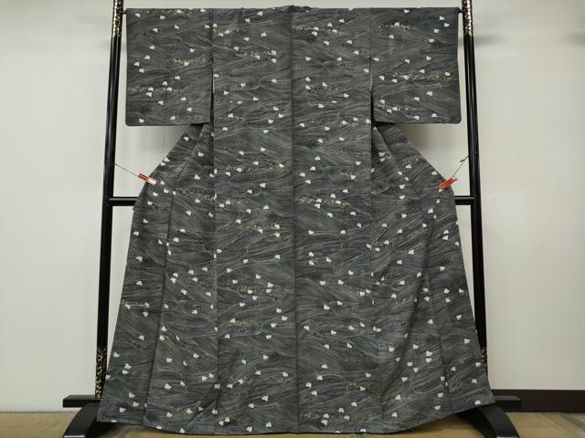 平和屋着物●上質な小紋　立波千鳥文　黒地　金彩　正絹　逸品　CABK8070ut