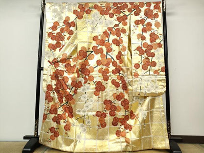 平和屋着物●豪華振袖　格子枝花文　金彩　正絹　逸品　CABK8082ut