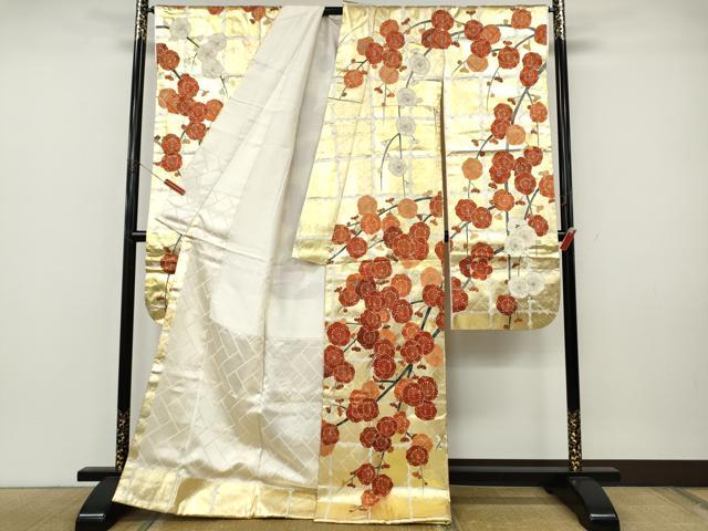 平和屋着物●豪華振袖　格子枝花文　金彩　正絹　逸品　CABK8082ut