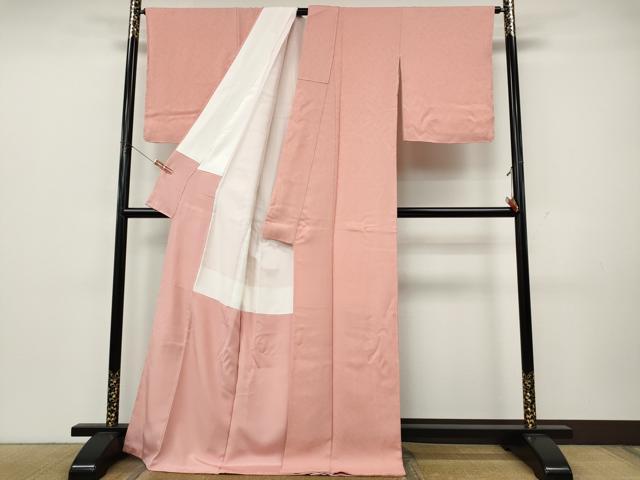 平和屋着物●上質な色無地　霞地紋　珊瑚色　ロング丈　正絹　逸品　CABK8084ut
