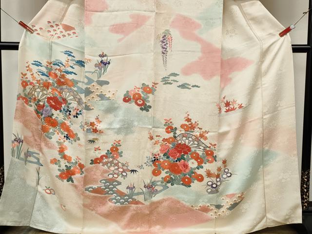 平和屋着物●訪問着　駒刺繍　片輪車花文　暈し染め　金銀彩　正絹　逸品　CABK8103ut