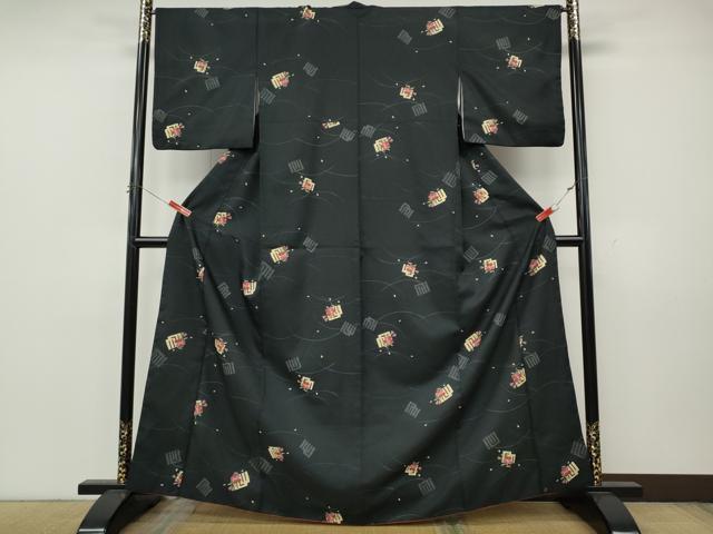 平和屋着物●小紋　源氏香花文　黒地　洗える着物　CABK8111ut