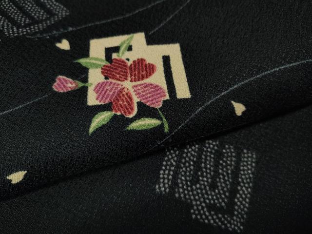 平和屋着物●小紋　源氏香花文　黒地　洗える着物　CABK8111ut