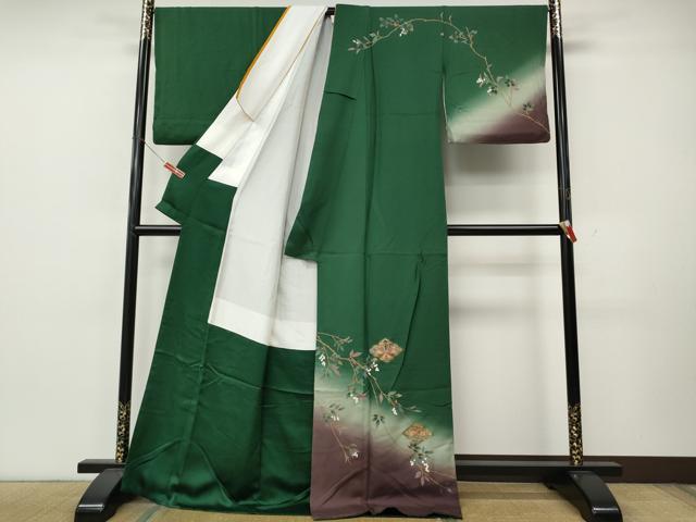平和屋着物●訪問着　刺繍　向かい鳥南天文　暈し染め　金彩　ロング丈　正絹　逸品　CABK8118ut