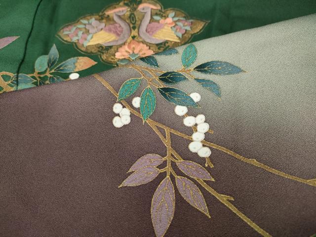 平和屋着物●訪問着　刺繍　向かい鳥南天文　暈し染め　金彩　ロング丈　正絹　逸品　CABK8118ut
