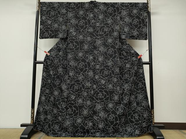 平和屋着物●上質な小紋　薔薇　黒地　正絹　逸品　CABK8120ut