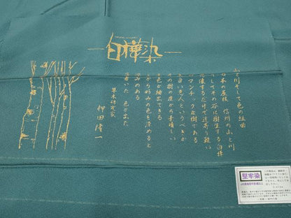 平和屋着物●草木研究家　押田隆一　色無地　白樺染　堅牢染　錆浅葱色　反端付き　正絹　逸品　CABK8132ut