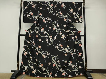 平和屋着物●上質な小紋　枝花文　黒地　正絹　逸品　CABK8141ut