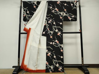 平和屋着物●上質な小紋　枝花文　黒地　正絹　逸品　CABK8141ut