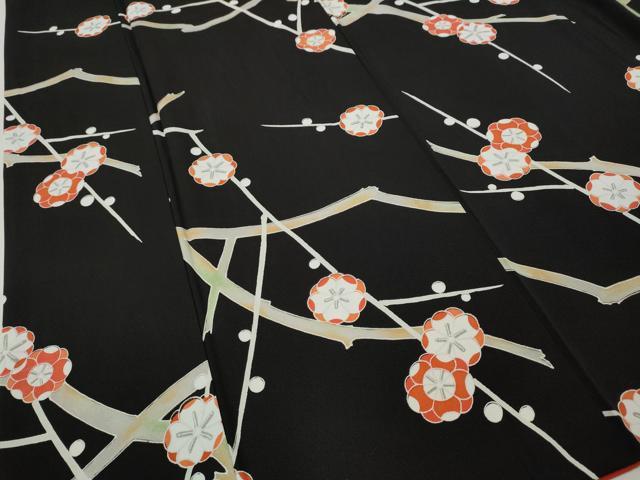平和屋着物●上質な小紋　枝花文　黒地　正絹　逸品　CABK8141ut