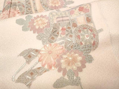 平和屋着物●中国三大刺繍　スワトウ刺繍　汕頭刺繍　相良刺繍　訪問着　御所車花文　反端付き　正絹　逸品　CABK8142ut