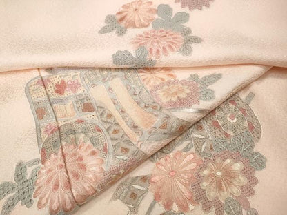 平和屋着物●中国三大刺繍　スワトウ刺繍　汕頭刺繍　相良刺繍　訪問着　御所車花文　反端付き　正絹　逸品　CABK8142ut