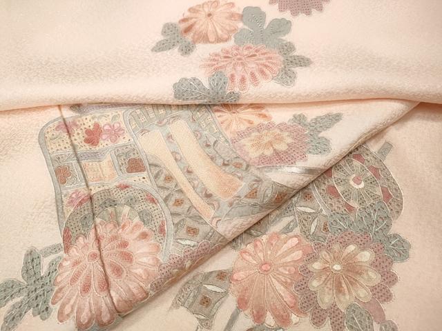 平和屋着物●中国三大刺繍　スワトウ刺繍　汕頭刺繍　相良刺繍　訪問着　御所車花文　反端付き　正絹　逸品　CABK8142ut