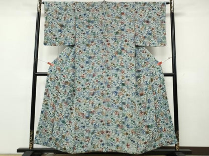 平和屋着物●上質な小紋　型染め　流水草花文　鬼しぼ縮緬　正絹　逸品　CABK8143ut
