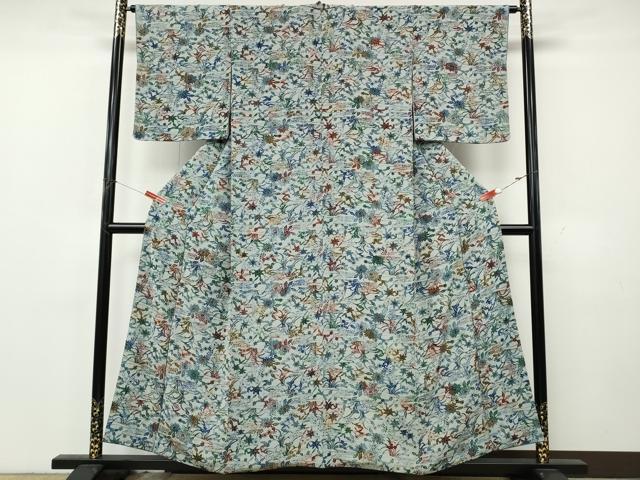 平和屋着物●上質な小紋　型染め　流水草花文　鬼しぼ縮緬　正絹　逸品　CABK8143ut