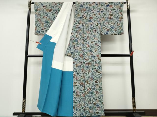 平和屋着物●上質な小紋　型染め　流水草花文　鬼しぼ縮緬　正絹　逸品　CABK8143ut