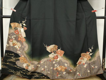 平和屋着物●訪問着　地紙枝花文　暈し染め　黒地　金彩　正絹　逸品　CABK8151ut