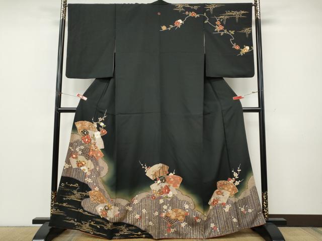 平和屋着物●訪問着　地紙枝花文　暈し染め　黒地　金彩　正絹　逸品　CABK8151ut