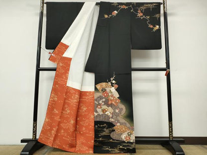 平和屋着物●訪問着　地紙枝花文　暈し染め　黒地　金彩　正絹　逸品　CABK8151ut