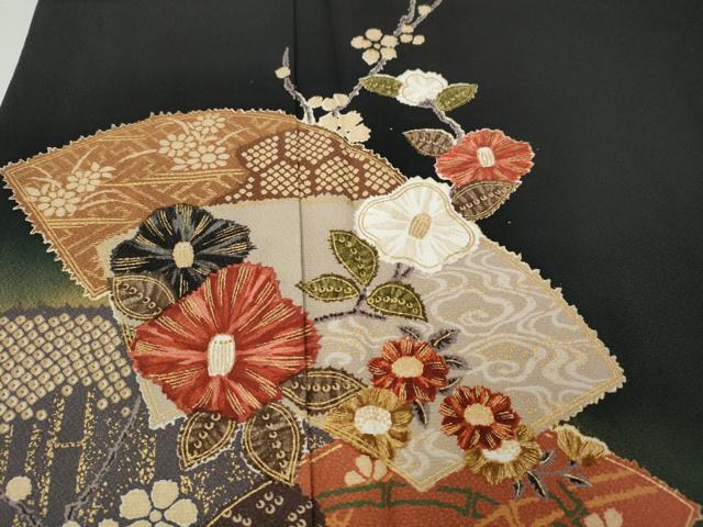 平和屋着物●訪問着　地紙枝花文　暈し染め　黒地　金彩　正絹　逸品　CABK8151ut