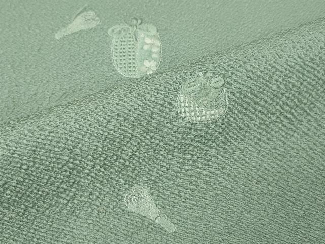 平和屋着物●訪問着　総刺繍　茶道具　仕覆文　錆青磁色　正絹　逸品　CABK8175ut