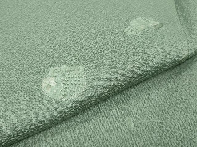 平和屋着物●訪問着　総刺繍　茶道具　仕覆文　錆青磁色　正絹　逸品　CABK8175ut