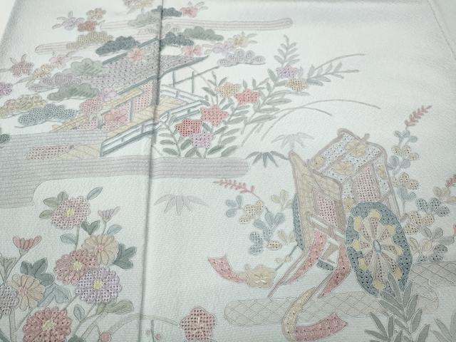平和屋着物●中国三大刺繍　スワトウ刺繍　汕頭刺繍　総刺繍　訪問着　御所車風景花文　正絹　逸品　未使用　CABK8177ut