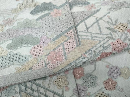 平和屋着物●中国三大刺繍　スワトウ刺繍　汕頭刺繍　総刺繍　訪問着　御所車風景花文　正絹　逸品　未使用　CABK8177ut